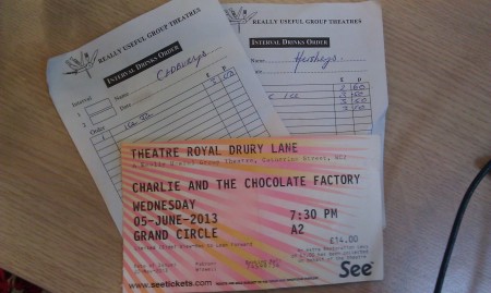 My Charlie and the Chocolate Factory ticket. Note the names on the drink receipts - "Cadburys" and "Hersheys"